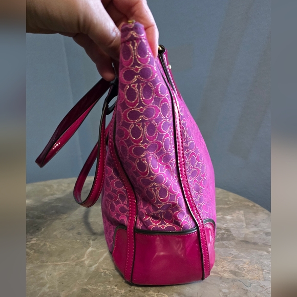 Coach Poppy Signature Metallic Outline Pink Purple Tote & Dust Bag - Picture 5 of 15